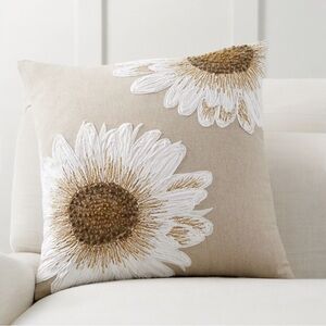 Pottery Barn Sunflower Crewel Embroidered Pillow Cover 20” Square